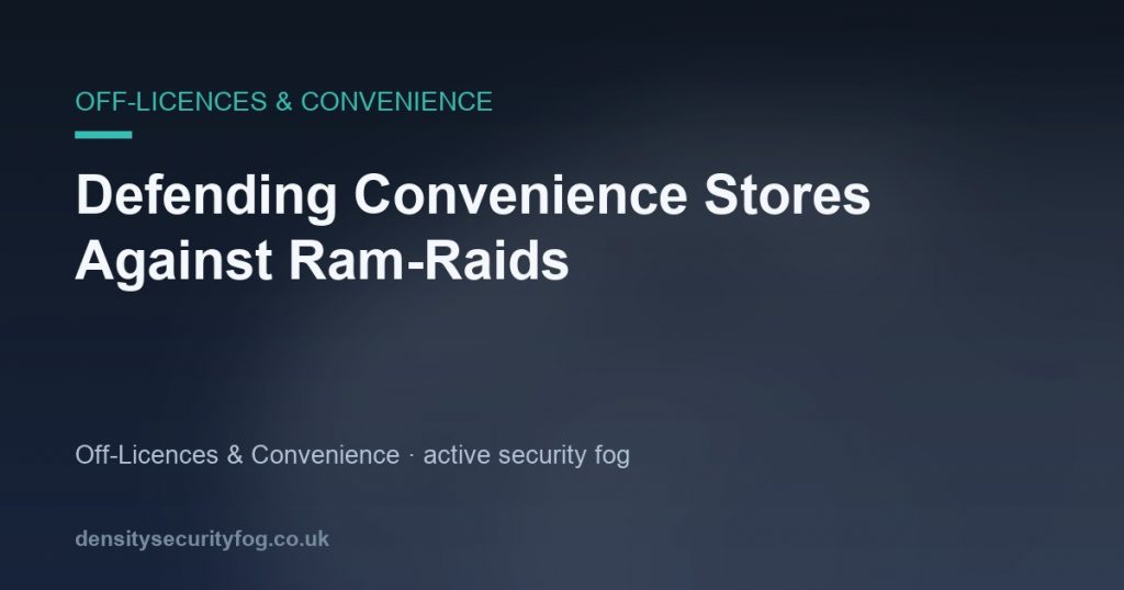 Convenience store storefront protected by security bollards with security fog system deployed inside for ram-raid defence