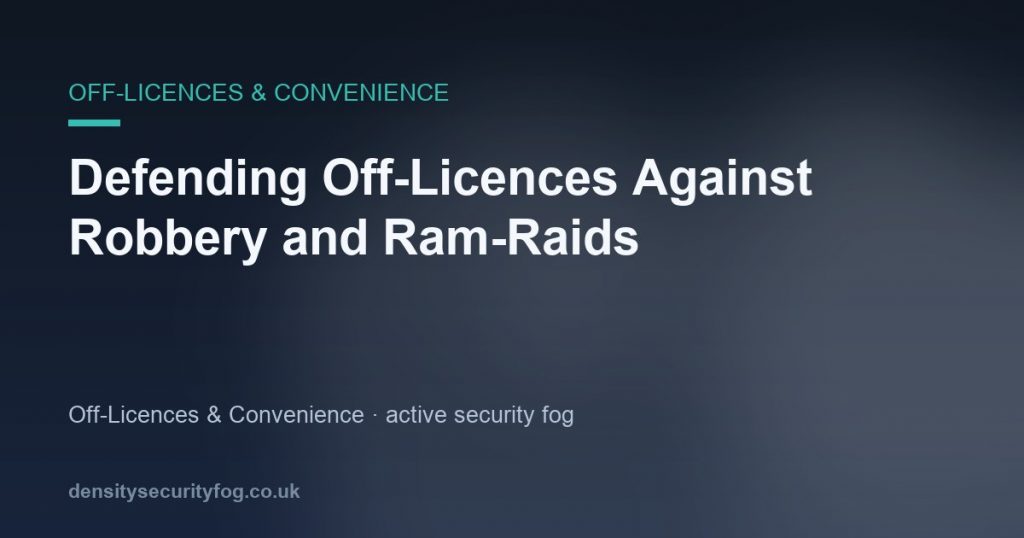 A secure off-licence storefront with security fog system display and protective shutters
