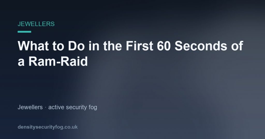 Timeline showing the 60-second sequence of a jewellery ram-raid with forced entry, spread, grab, and exit stages, overlaid wi