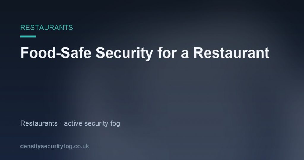 Dense security fog filling a restaurant kitchen, demonstrating non-toxic, food-safe fog deployment for after-hours break-in d