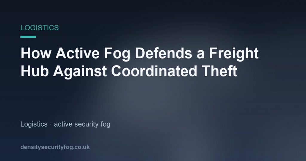 Freight hub loading area with active security fogging system deployed during coordinated attack scenario