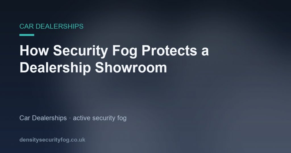Dense white fog filling a car dealership showroom after an intrusion alarm is triggered, obscuring visibility of display vehi
