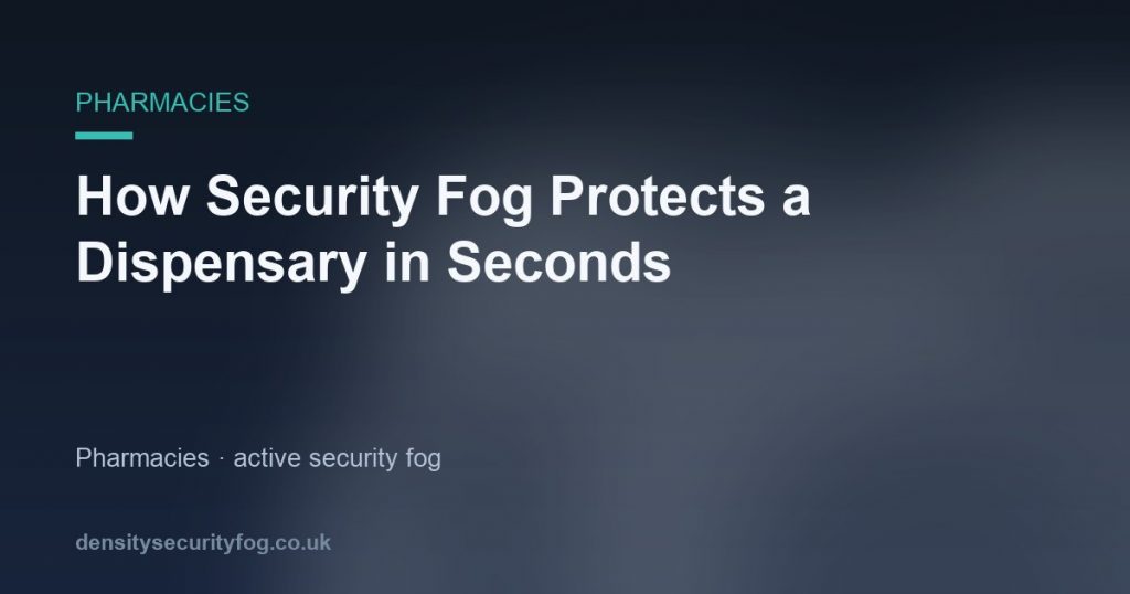 Dense white security fog filling a pharmacy dispensary, with an alarm panel visible on the wall and a figure of an intruder o