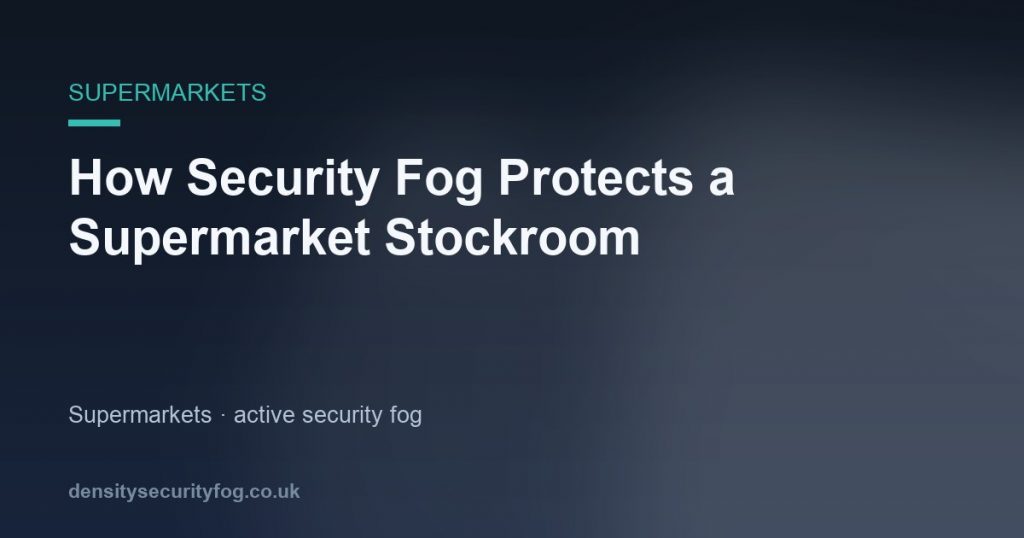 Dense security fog obscuring a supermarket stockroom interior, with an alarm sensor visible on the door frame
