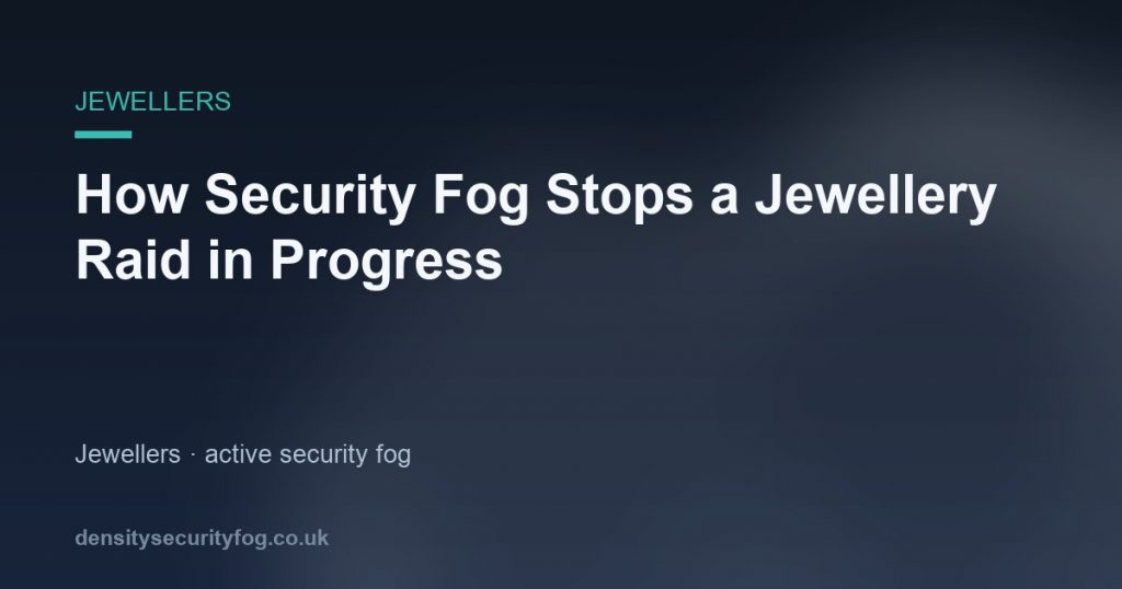 Security fog deploying in a high-street jewellery shop, creating an opaque barrier to stop ram-raid theft