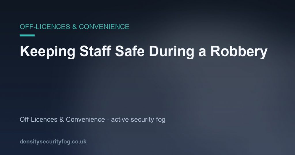 Convenience store staff member moving to safety as security fog deploys during a robbery attempt