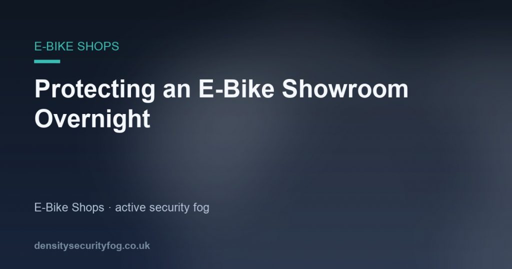 E-bike showroom at night with security fogging system deployment protecting premium bikes and batteries from overnight theft