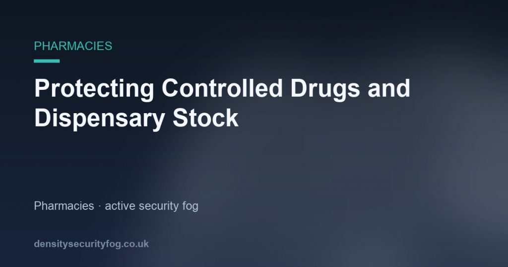Pharmacy security system with controlled drugs safe, alarm panel, and fog deployment for break-in protection