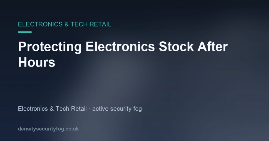 Electronics retail stockroom with secure fog system deployment, protecting high-value tech inventory from after-hours theft a