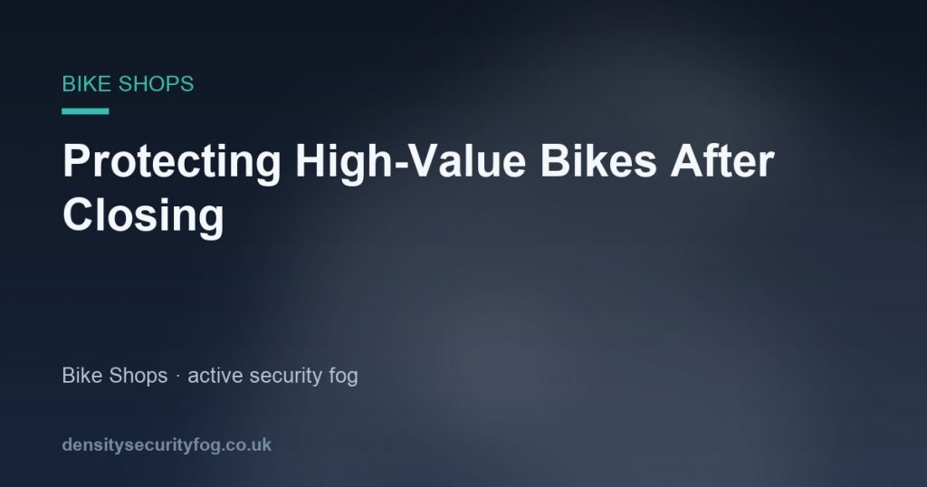 Secure bike shop stockroom at night with security fog system deployment triggered by motion sensor
