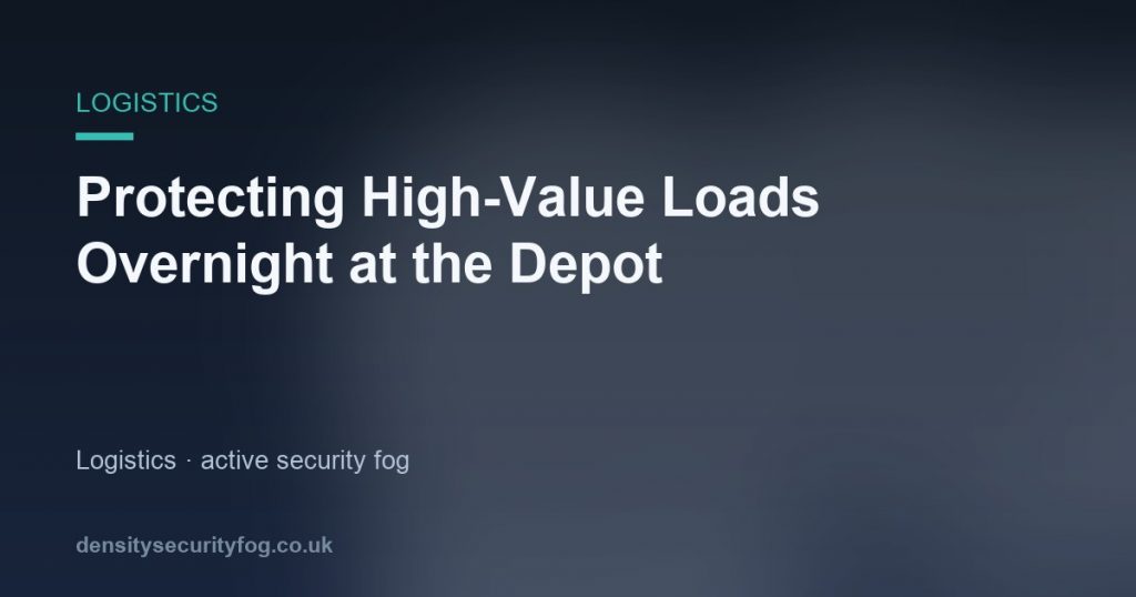 Security fog system protecting a nighttime depot with loaded pallets and cargo storage areas illuminated by warning lights