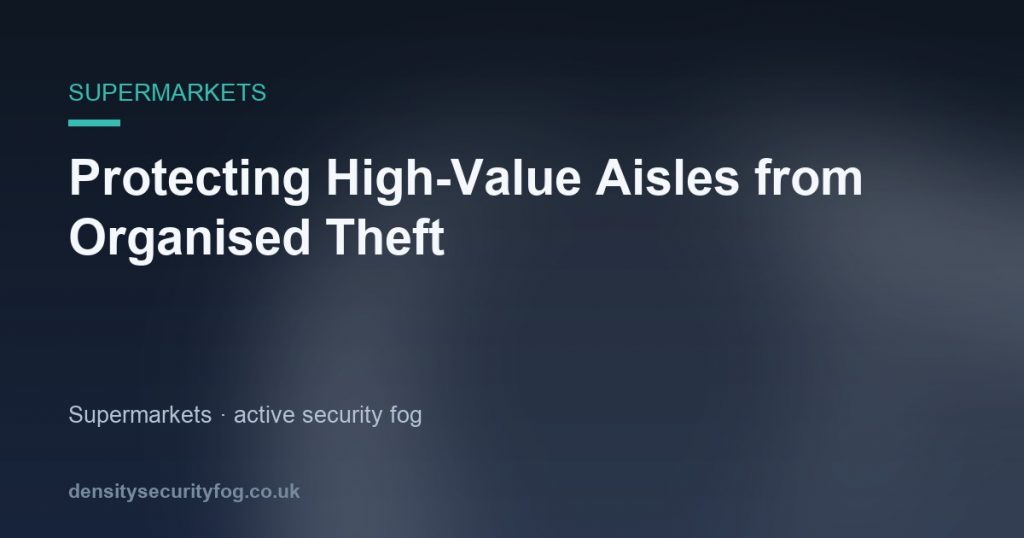 Security fog deployment protecting high-value alcohol and cosmetics aisles in a UK supermarket, preventing organized retail c