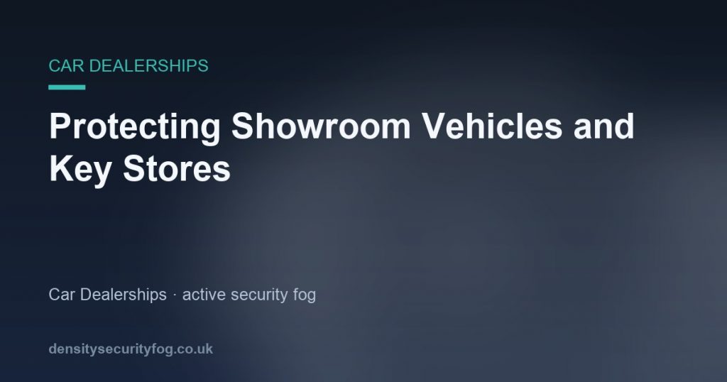 Car dealership showroom with vehicles under security fog deployment, showing how security fog protects inventory from theft a
