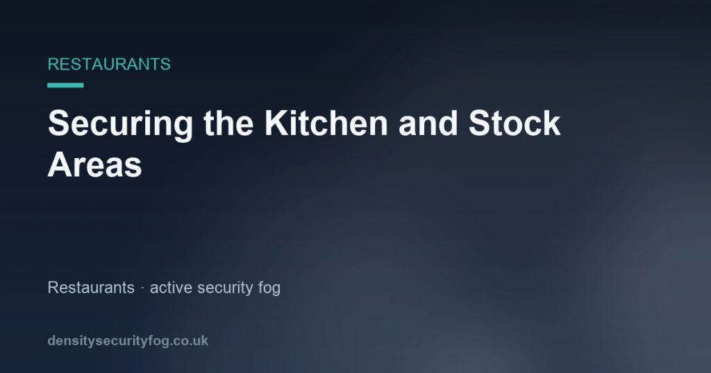 Dense security fog filling a restaurant kitchen during an intrusion attempt