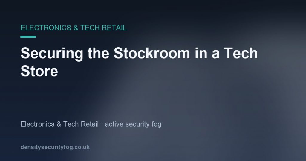 Tech retail stockroom with shelves of laptops, gaming consoles and mobile phones behind a security door