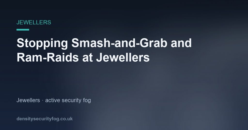 Jewellery shop storefront filled with dense white security fog during active system deployment to stop intruder raid