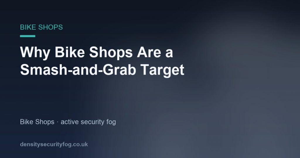 Close-up of security fog system releasing dense mist to deter thieves breaking into a bike shop