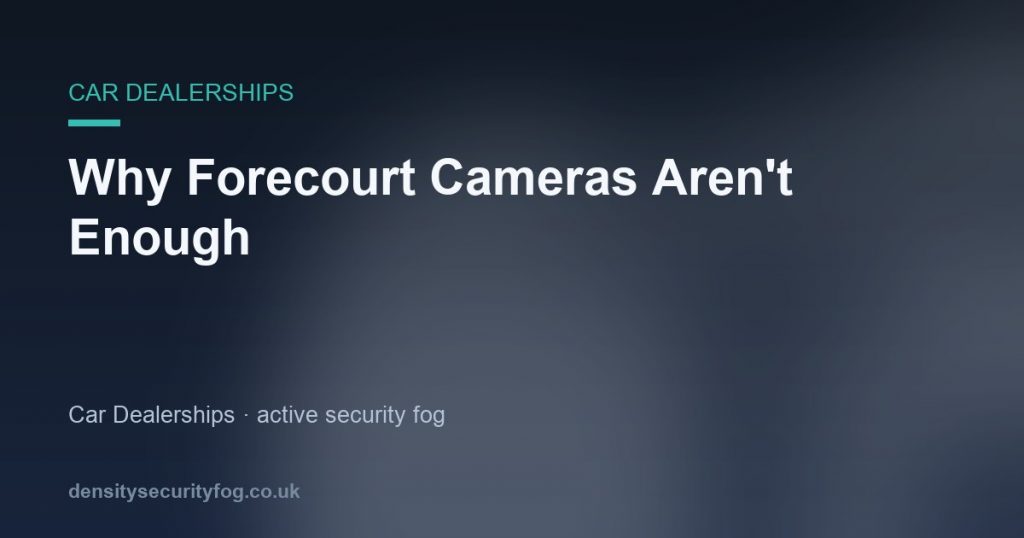 Empty car dealership forecourt and showroom at night with CCTV cameras and security lighting
